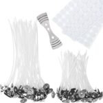 Fitiluri pentru lumânări DIY Hestya – Set 100 fitiluri ceruite preasamblate cu 100 autocolante dublu adezive și 1 suport metalic pentru centrare, 10 cm & 15 cm