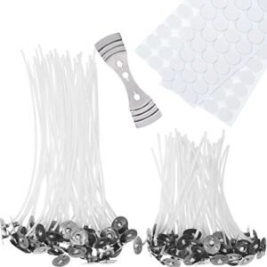 Fitiluri pentru lumânări DIY Hestya – Set 100 fitiluri ceruite preasamblate cu 100 autocolante dublu adezive și 1 suport metalic pentru centrare, 10 cm & 15 cm