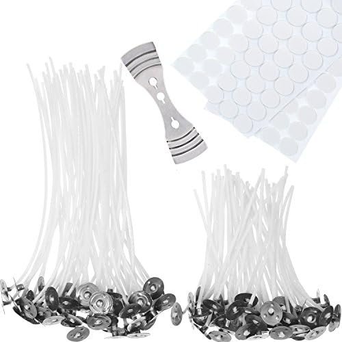 Fitiluri pentru lumânări DIY Hestya – Set 100 fitiluri ceruite preasamblate cu 100 autocolante dublu adezive și 1 suport metalic pentru centrare, 10 cm & 15 cm