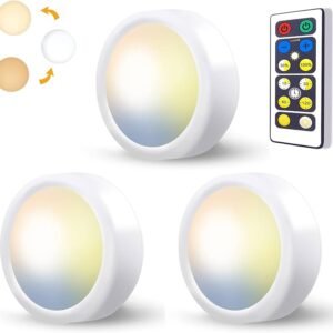 Set 3 spoturi LED HiDure pentru dulap și mobilier, lumini tip Puck Light cu atingere (Tap Light), iluminare pentru cabinet, dressing și closet – Crem