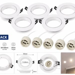 Set 5 rame spot încastrat GU10/MR16, suport mobil alb pentru bec LED GU10, montaj tavan fals Ø75–80 mm, cu soclu inclus