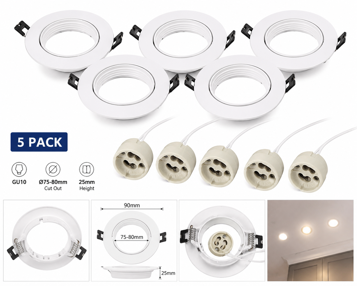 Set 5 rame spot încastrat GU10/MR16, suport mobil alb pentru bec LED GU10, montaj tavan fals Ø75–80 mm, cu soclu inclus
