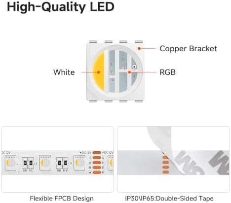 Bandă LED RGBW BTF-LIGHTING 5M, 5050 RGB + Alb Cald 2700K, 12V, 300 LED-uri, 60 LED/m, pentru Decor Interior - imagine 4