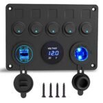 Panou Comutatoare Auto 12V/24V Waterproof IP65, 5 Întrerupătoare LED, Dual USB 4.2A, Priză Brichetă și Voltmetru Digital, pentru Barcă, Camper, RV, Auto