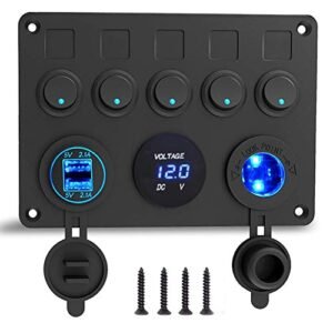 Panou Comutatoare Auto 12V/24V Waterproof IP65, 5 Întrerupătoare LED, Dual USB 4.2A, Priză Brichetă și Voltmetru Digital, pentru Barcă, Camper, RV, Auto