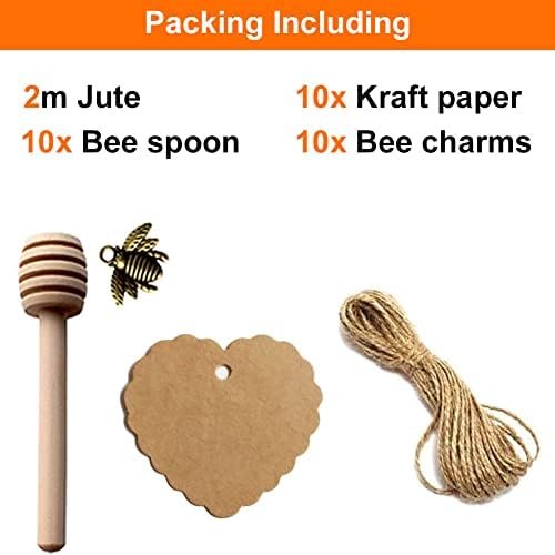 Set 10 Lingurițe pentru Miere din Lemn 8 cm cu 10 Decorațiuni Albină, Etichete Kraft și Sfoară Decorativă - imagine 4