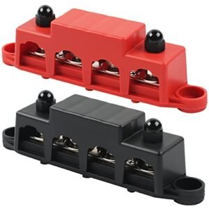 Set Bare Distribuție Curent HOIIME 12V–48V DC 250A, Bus Bar cu 4 Terminale M8 (5/16”), pentru Auto, Camper, Barcă, RV, Roșu + Negru