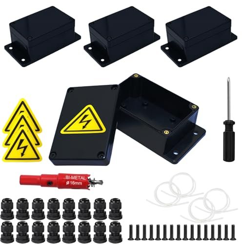 Set 4 Cutii de Derivație IP67 Waterproof, Cutie Electrică Etanșă ABS cu Presetupe, pentru Exterior și Interior, 130 × 68 × 50 mm, Negru