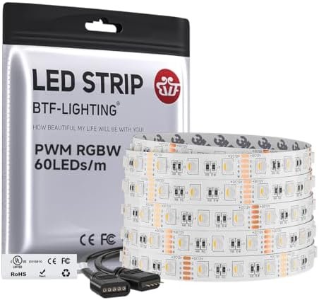Bandă LED RGBW BTF-LIGHTING 5M, 5050 RGB + Alb Cald 2700K, 12V, 300 LED-uri, 60 LED/m, pentru Decor Interior