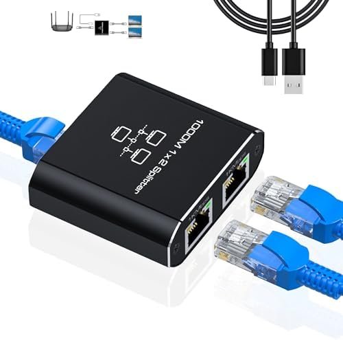 Splitter Ethernet Gigabit RJ45 1 la 2 LIEZHUA, 1000 Mbps, Adaptor Internet LAN cu Alimentare USB, Compatibil Cat5/Cat6/Cat7/Cat8