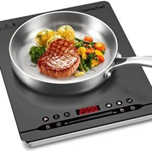 Plită cu Inducție Portabilă AMZCHEF 2000W, Plită Electrică Slim cu 9 Trepte de Putere, 4 Programe Automate, Timer și Blocare Copii, Gri