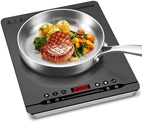 Plită cu Inducție Portabilă AMZCHEF 2000W, Plită Electrică Slim cu 9 Trepte de Putere, 4 Programe Automate, Timer și Blocare Copii, Gri
