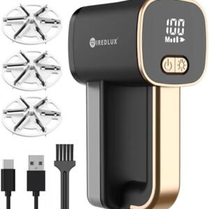 Aparat Electric pentru Îndepărtarea Scamelor și Pufului Wiredlux, Reîncărcabil USB-C, 3 Viteze, Lumină LED, 6 Lame din Oțel Inoxidabil pentru Haine și Mobilier – Onyx/Auriu