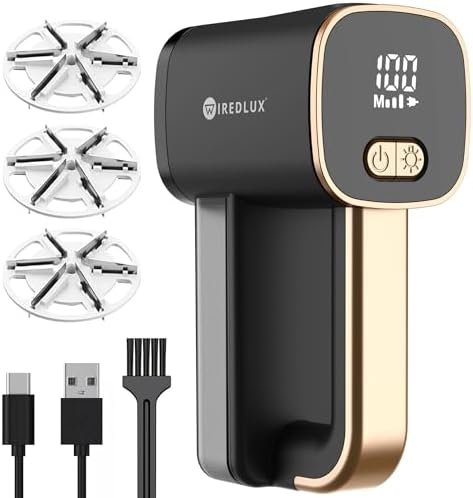 Aparat Electric pentru Îndepărtarea Scamelor și Pufului Wiredlux, Reîncărcabil USB-C, 3 Viteze, Lumină LED, 6 Lame din Oțel Inoxidabil pentru Haine și Mobilier – Onyx/Auriu