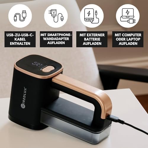 Aparat Electric pentru Îndepărtarea Scamelor și Pufului Wiredlux, Reîncărcabil USB-C, 3 Viteze, Lumină LED, 6 Lame din Oțel Inoxidabil pentru Haine și Mobilier – Onyx/Auriu - imagine 6