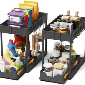 Set 2 Organizatoare pentru Dulap Sub Chiuvetă Meltrck, 2 Niveluri, Sertar Glisant, cu 16 Cârlige, Negru