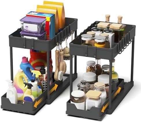 Set 2 Organizatoare pentru Dulap Sub Chiuvetă Meltrck, 2 Niveluri, Sertar Glisant, cu 16 Cârlige, Negru