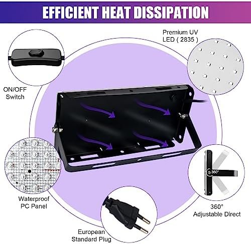 Proiector LED UV Black Light 50W IP66 Waterproof, Lampă Ultraviolete 395-400nm cu Cablu și Ștecher, pentru Petreceri Neon, Halloween și Decor Fluorescent - imagine 6