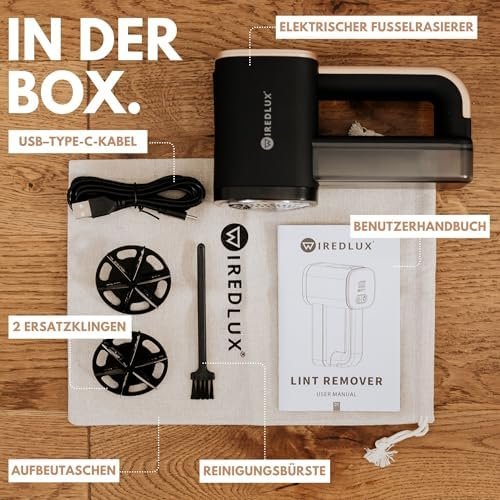 Aparat Electric pentru Îndepărtarea Scamelor și Pufului Wiredlux, Reîncărcabil USB-C, 3 Viteze, Lumină LED, 6 Lame din Oțel Inoxidabil pentru Haine și Mobilier – Onyx/Auriu - imagine 7