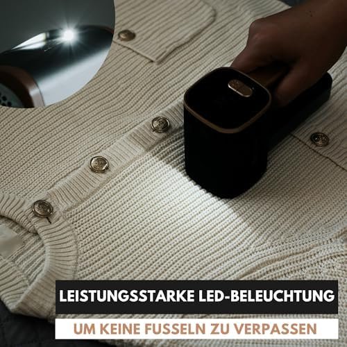Aparat Electric pentru Îndepărtarea Scamelor și Pufului Wiredlux, Reîncărcabil USB-C, 3 Viteze, Lumină LED, 6 Lame din Oțel Inoxidabil pentru Haine și Mobilier – Onyx/Auriu - imagine 5