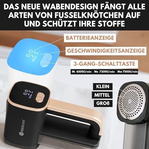 Aparat Electric pentru Îndepărtarea Scamelor și Pufului Wiredlux, Reîncărcabil USB-C, 3 Viteze, Lumină LED, 6 Lame din Oțel Inoxidabil pentru Haine și Mobilier – Onyx/Auriu - imagine 4