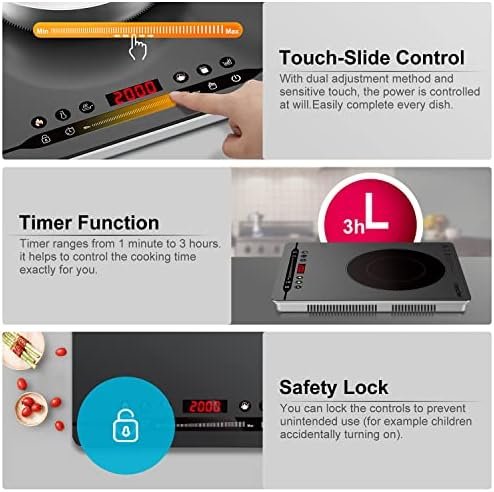 Plită cu Inducție Portabilă AMZCHEF 2000W, Plită Electrică Slim cu 9 Trepte de Putere, 4 Programe Automate, Timer și Blocare Copii, Gri - imagine 6