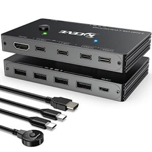 Switch KVM USB-C pentru 2 Laptopuri/PC Type-C, 4K 60Hz, Partajare Monitor HDMI, Tastatură și Mouse, PD 100W Fast Charging