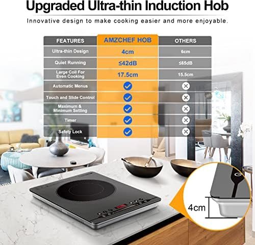 Plită cu Inducție Portabilă AMZCHEF 2000W, Plită Electrică Slim cu 9 Trepte de Putere, 4 Programe Automate, Timer și Blocare Copii, Gri - imagine 2
