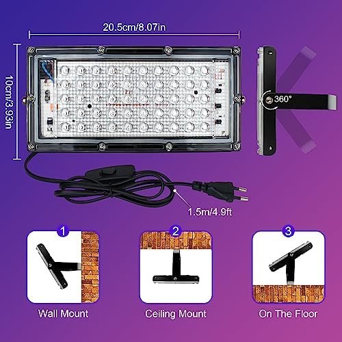 Proiector LED UV Black Light 50W IP66 Waterproof, Lampă Ultraviolete 395-400nm cu Cablu și Ștecher, pentru Petreceri Neon, Halloween și Decor Fluorescent - imagine 7