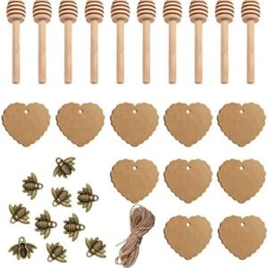 Set 10 Lingurițe pentru Miere din Lemn 8 cm cu 10 Decorațiuni Albină, Etichete Kraft și Sfoară Decorativă