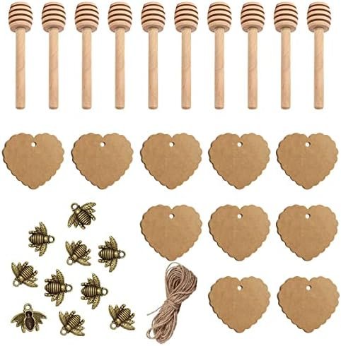 Set 10 Lingurițe pentru Miere din Lemn 8 cm cu 10 Decorațiuni Albină, Etichete Kraft și Sfoară Decorativă