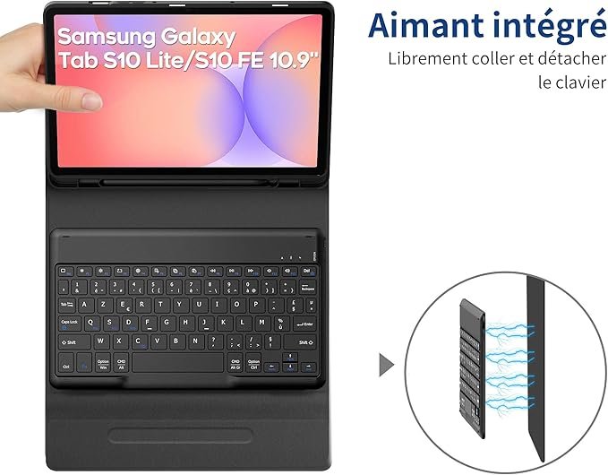 Husă cu Tastatură Bluetooth pentru Samsung Galaxy Tab S10 Lite / S10 FE / S9 FE / S9 10.9”–11”, Tastatură Detasabilă, Suport S Pen, Folie Ecran Inclusă – Negru - imagine 2