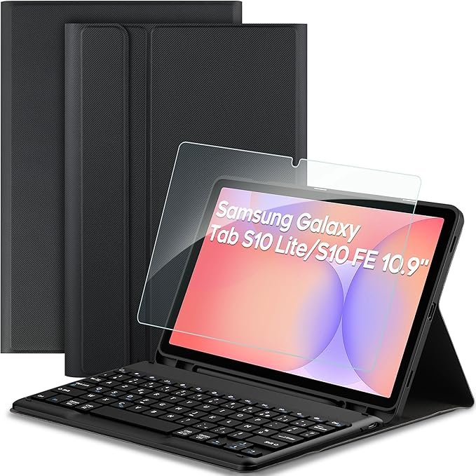 Husă cu Tastatură Bluetooth pentru Samsung Galaxy Tab S10 Lite / S10 FE / S9 FE / S9 10.9”–11”, Tastatură Detasabilă, Suport S Pen, Folie Ecran Inclusă – Negru