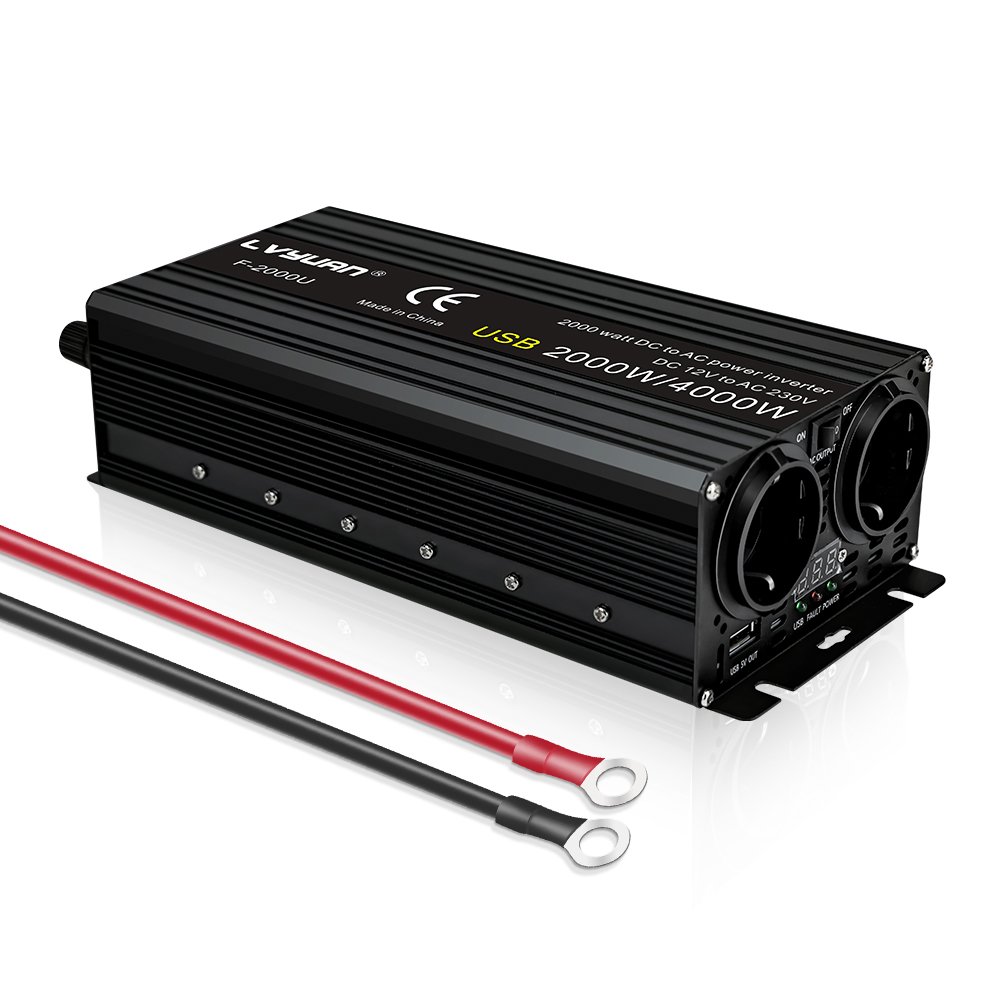 Invertor auto LVYUAN 2000W 12V ➜ 220V, Putere Maximă 4000W, Undă Sinusoidală Modificată, Convertor DC-AC cu Carcasă din Aluminiu, priza dubla EU, port USB