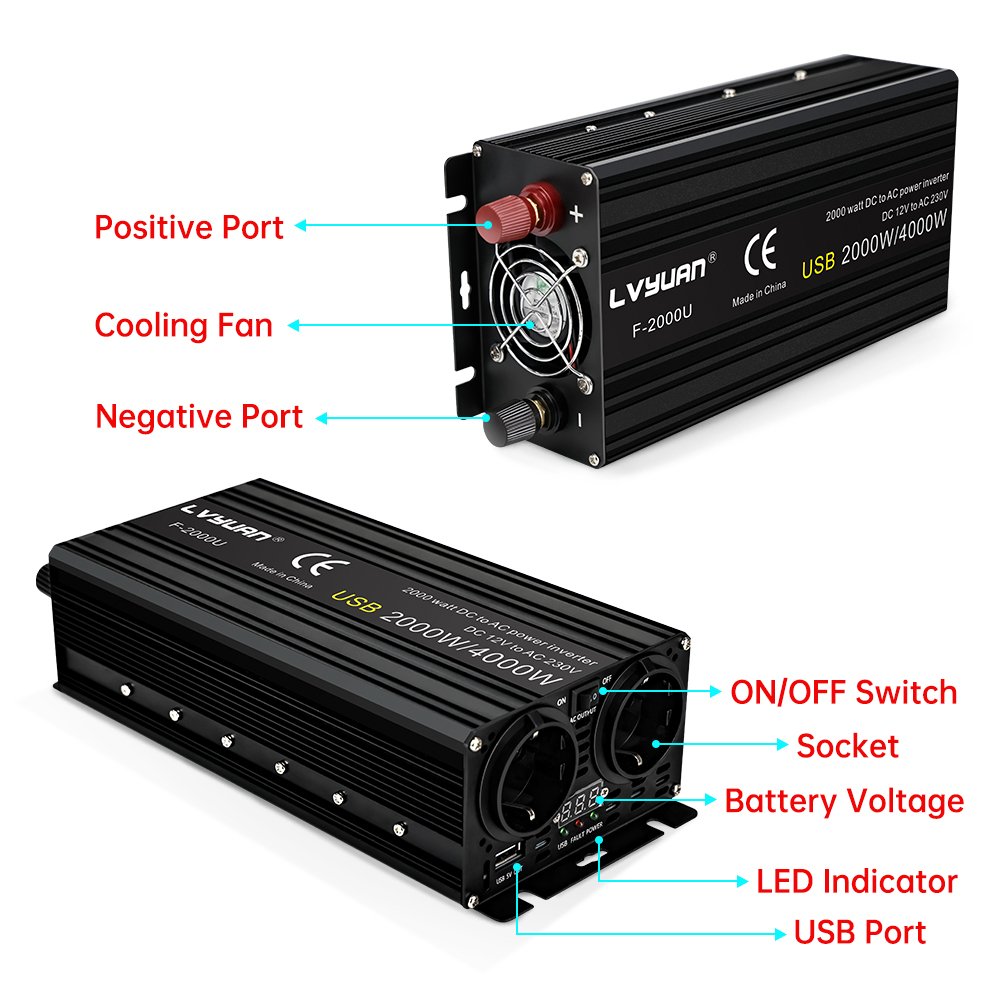 Invertor auto LVYUAN 2000W 12V ➜ 220V, Putere Maximă 4000W, Undă Sinusoidală Modificată, Convertor DC-AC cu Carcasă din Aluminiu, priza dubla EU, port USB - imagine 4