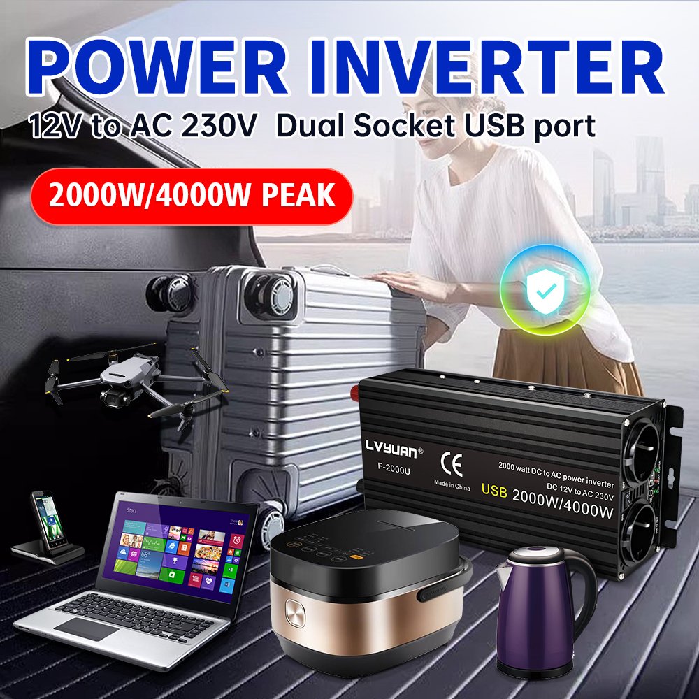 Invertor auto LVYUAN 2000W 12V ➜ 220V, Putere Maximă 4000W, Undă Sinusoidală Modificată, Convertor DC-AC cu Carcasă din Aluminiu, priza dubla EU, port USB - imagine 5