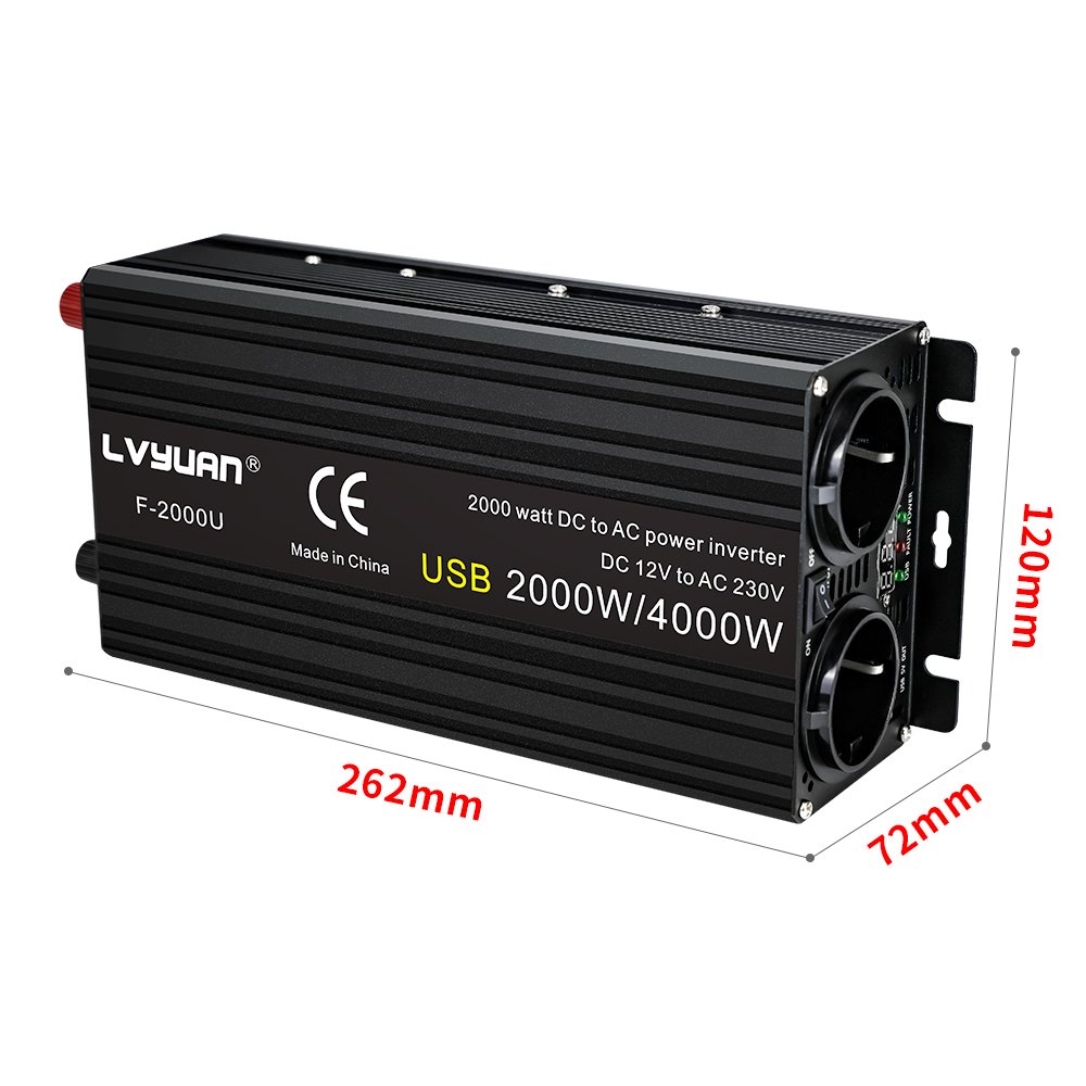 Invertor auto LVYUAN 2000W 12V ➜ 220V, Putere Maximă 4000W, Undă Sinusoidală Modificată, Convertor DC-AC cu Carcasă din Aluminiu, priza dubla EU, port USB - imagine 2