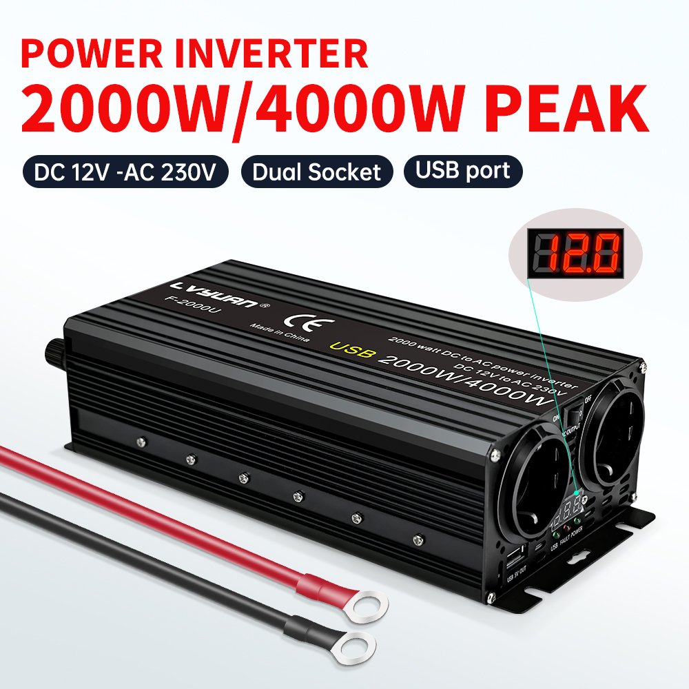 Invertor auto LVYUAN 2000W 12V ➜ 220V, Putere Maximă 4000W, Undă Sinusoidală Modificată, Convertor DC-AC cu Carcasă din Aluminiu, priza dubla EU, port USB - imagine 6