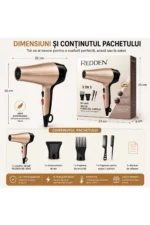 Uscător de păr profesional REDDEN RD-2642, 2 viteze, 2 trepte de temperatură, concentrator de aer și 2 piepteni pentru coafare, 220V