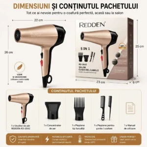 Uscător de păr profesional REDDEN RD-2642, 2 viteze, 2 trepte de temperatură, concentrator de aer și 2 piepteni pentru coafare, 220V