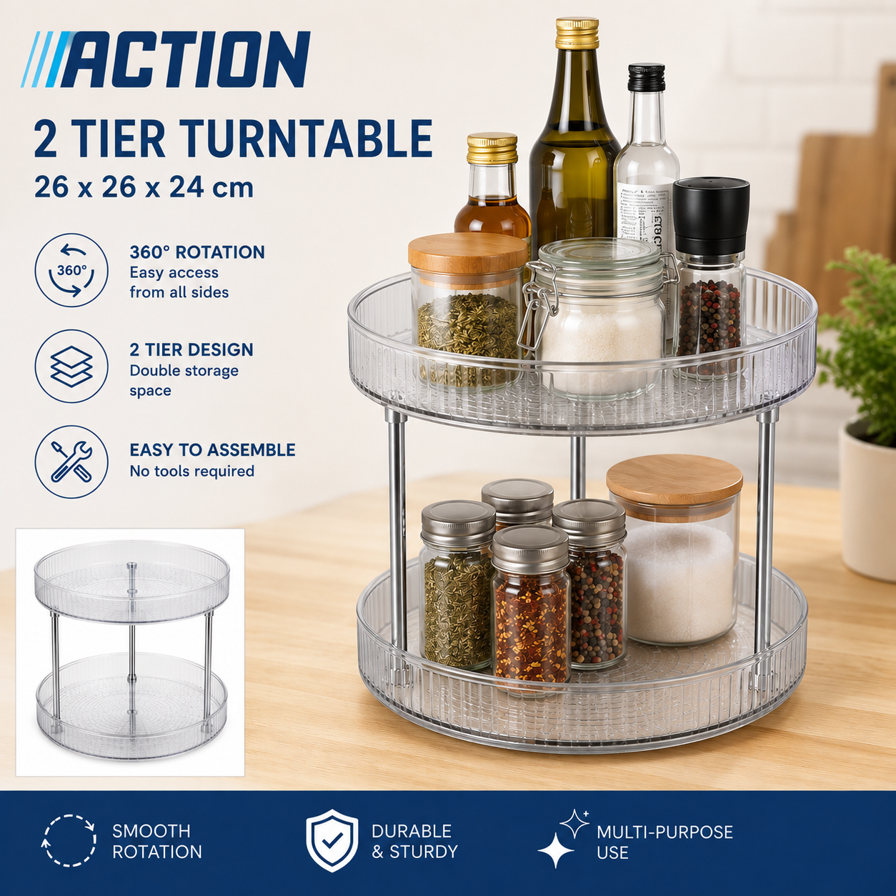 Action 2-Tier Turntable – Organizator rotativ pentru bucătărie, 2 niveluri, 26 × 26 × 24 cm