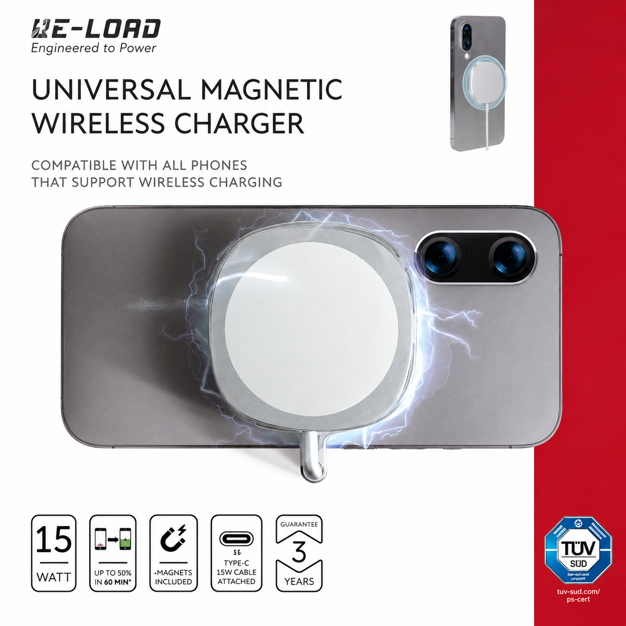 Încărcător wireless magnetic universal RE-LOAD, 15W