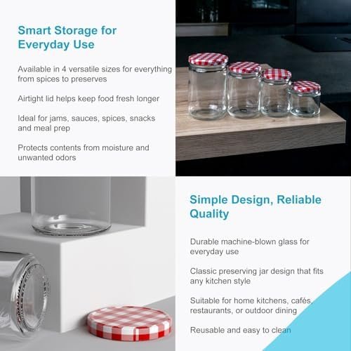 INTIRILIFE Set 25 Borcane cu Capac 150 ml – Borcane pentru Gem, Dulceață, Condimente și Conserve, Sticlă, Capace Roșu-Alb - imagine 5