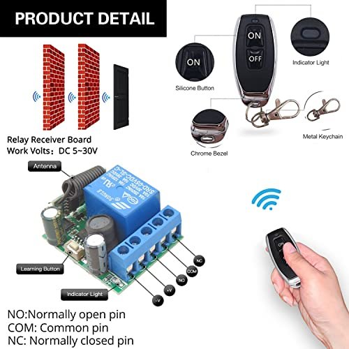 DieseRC 433 MHz – Releu wireless cu telecomandă, 1 canal, 5–30 V, 10 A, 2 telecomenzi - imagine 5