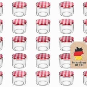 INTIRILIFE Set 25 Borcane cu Capac 150 ml – Borcane pentru Gem, Dulceață, Condimente și Conserve, Sticlă, Capace Roșu-Alb