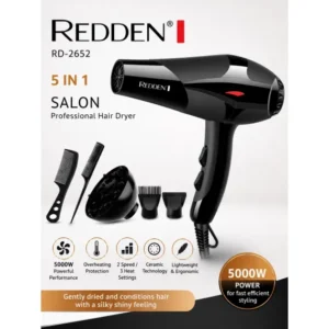Uscător de păr multifuncțional REDDEN RD-2652, 5-în-1, 5000W, funcție aer rece, difuzor, concentrator și accesorii pentru coafare, negru