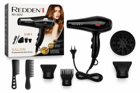 Uscător de păr multifuncțional REDDEN RD-2652, 5-în-1, 5000W, funcție aer rece, difuzor, concentrator și accesorii pentru coafare, negru - imagine 2