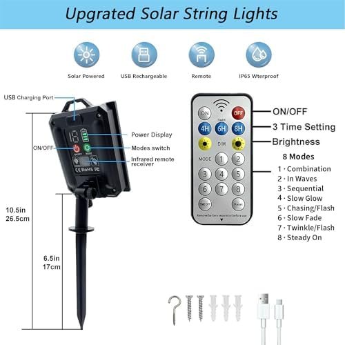 Ghirlandă solară LED Litark 10 m, 100 LED-uri, 20 becuri G40, multicolor, telecomandă, USB, IP65 - imagine 8