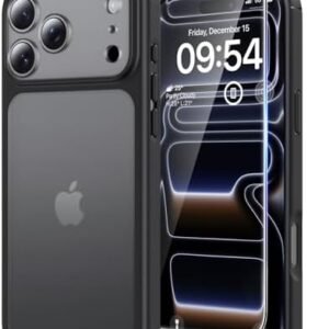 Husă TAURI mată, neagră, pentru iPhone 17 Pro 6,3", protecție antișoc + folie de sticlă 9H