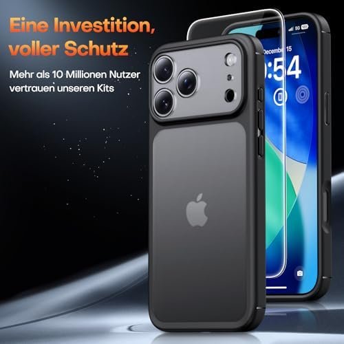 Husă TAURI mată, neagră, pentru iPhone 17 Pro 6,3", protecție antișoc + folie de sticlă 9H - imagine 3